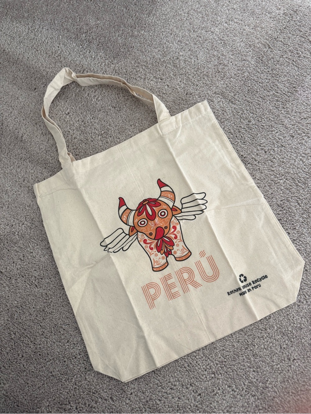 Perú Printed Canvas Tote Bag - Cream with Red & Orange Design